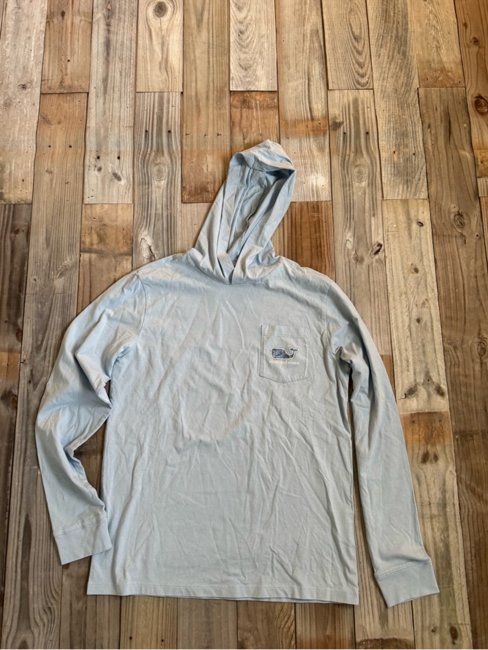 Vineyard Vines Light Blue Long Sleeve Hooded Tee with Whale Pocket Logo